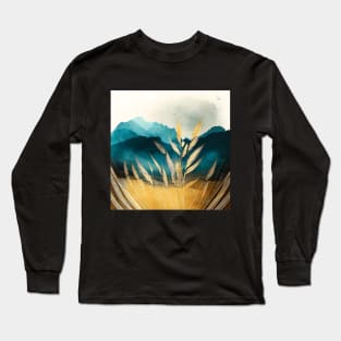 Golden Wheat Fields Teal Mountains Beautiful Nature Scenery Long Sleeve T-Shirt